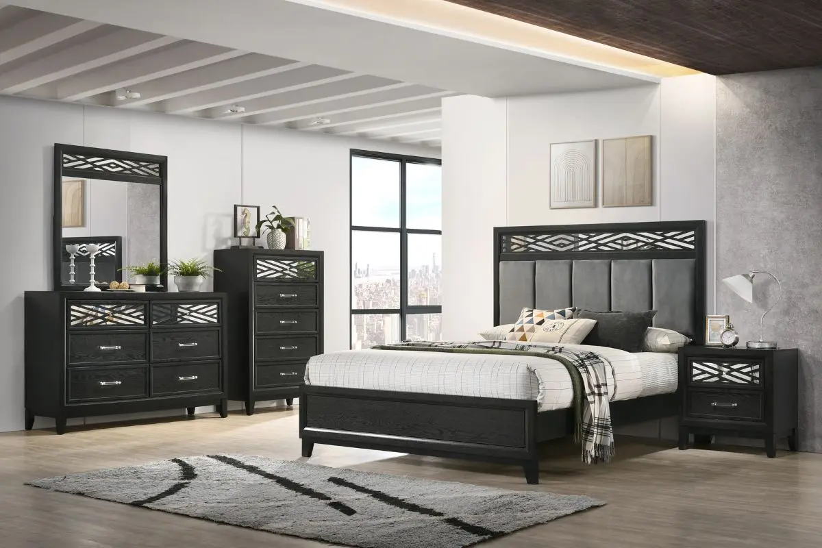 Obsidian Panel Bed & Dresser & Mirror & Nightstand
